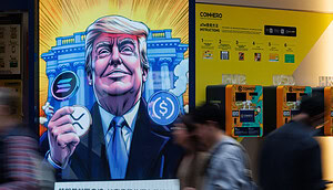 Ein Krypto-Automat mit Trump als Comicfigur darauf