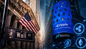Das Bild ist zweigeteilt. Links zeigt es die Wall Street, stellvertretend für die traditionellen Banken. Rechts ist das große Logo von Ripple zu sehen, stellvertretend für die Krypto-Industrie