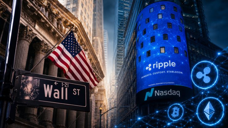 Das Bild ist zweigeteilt. Links zeigt es die Wall Street, stellvertretend für die traditionellen Banken. Rechts ist das große Logo von Ripple zu sehen, stellvertretend für die Krypto-Industrie