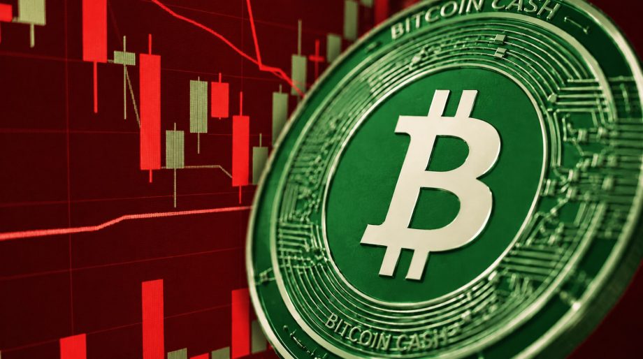 Nahaufnahme einer grünen Bitcoin-Cash-Münze vor einem roten Krypto-Trading-Chart mit fallenden und steigenden Candlesticks – Symbolbild für den volatilen Kryptowährungsmarkt.