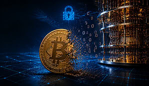 Ein Quantencomputer saugt symbolisch den Code von Bitcoin an sich.