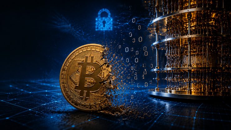 Ein Quantencomputer saugt symbolisch den Code von Bitcoin an sich.