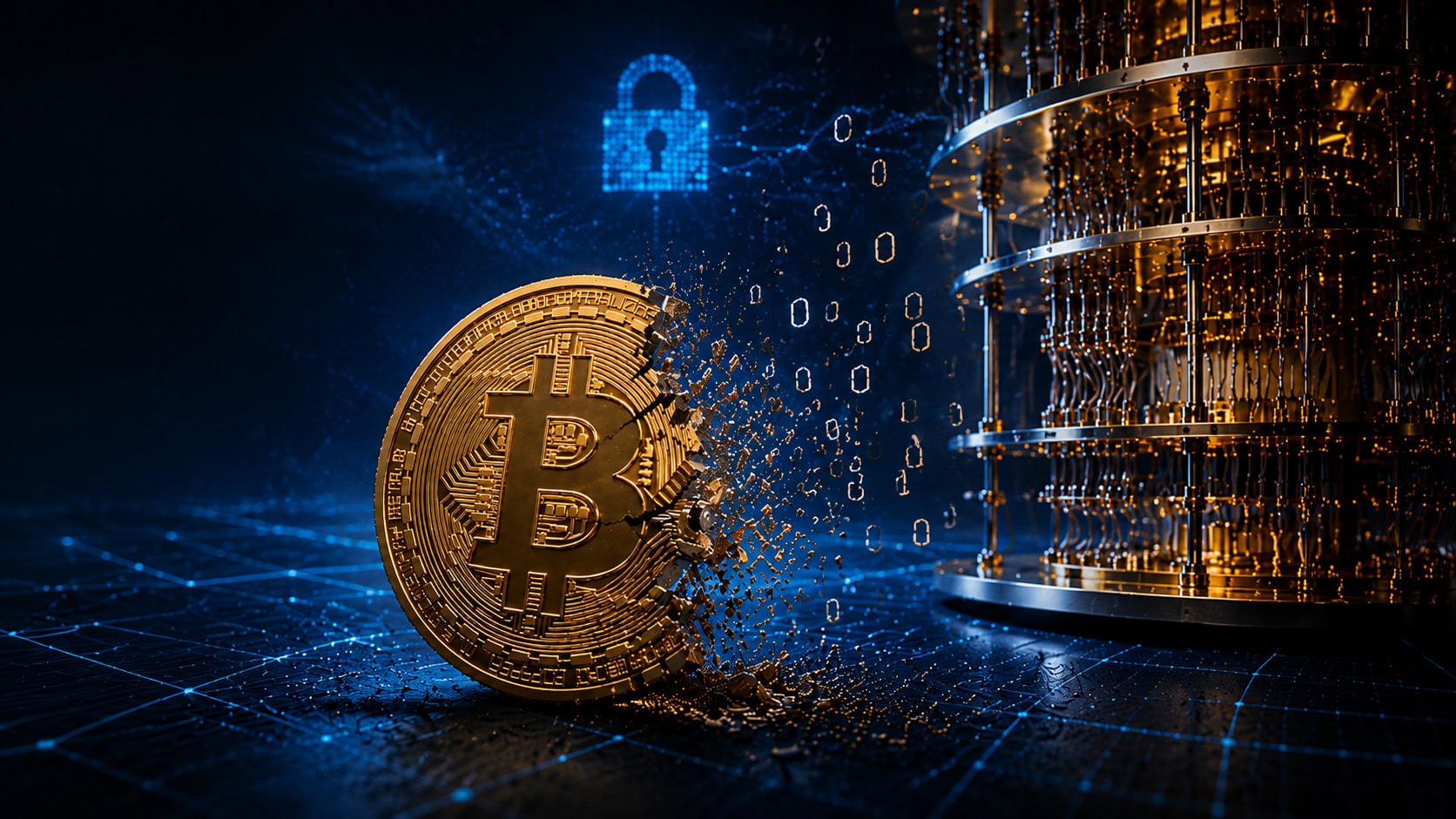 Ein Quantencomputer saugt symbolisch den Code von Bitcoin an sich.