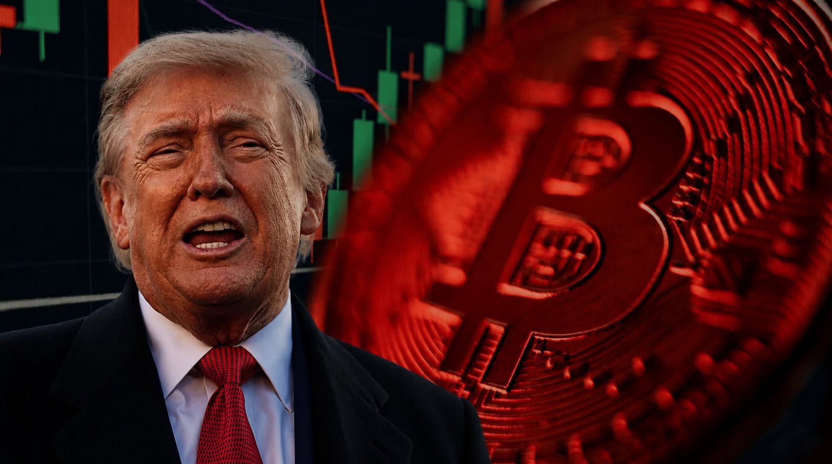 Donald Trump vor einem roten Bitcoin-Kurschart mit einer großen Bitcoin-Münze im Vordergrund. Die Szene wirkt dramatisch und finanziell angespannt, mit fallenden roten Candlesticks und dunkler Beleuchtung, die einen Krypto-Crash oder Marktunsicherheit symbolisieren.