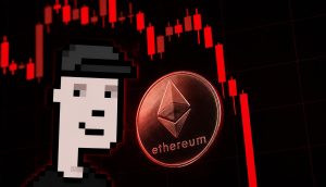 Ein düsteres Krypto-Artwork mit schwarzem Hintergrund und roten Candlestick-Charts, die einen starken Kursabsturz darstellen. Im Vordergrund steht links eine pixelartige Figur im Stil von David Hoffman (Bankless), daneben schwebt eine glänzende Ethereum-Münze mit rotem Lichtschein. Die gesamte Szene wirkt dramatisch und bearish, mit intensiven Rot- und Schwarztönen, die den Crash am Kryptomarkt symbolisieren.