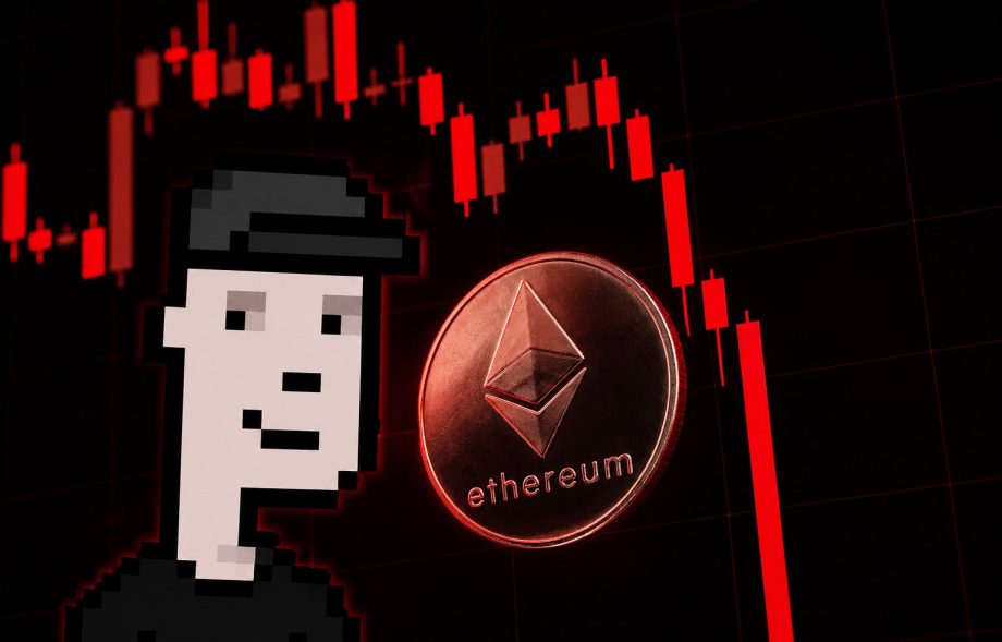 Ein düsteres Krypto-Artwork mit schwarzem Hintergrund und roten Candlestick-Charts, die einen starken Kursabsturz darstellen. Im Vordergrund steht links eine pixelartige Figur im Stil von David Hoffman (Bankless), daneben schwebt eine glänzende Ethereum-Münze mit rotem Lichtschein. Die gesamte Szene wirkt dramatisch und bearish, mit intensiven Rot- und Schwarztönen, die den Crash am Kryptomarkt symbolisieren.