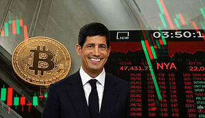 Fed-Chef Kevin Warsh steht in einem dunklen Anzug vor einem Hintergrund aus Bitcoin-Münze, Börsencharts und roten sowie grünen Candlestick-Kursanzeigen. Die große goldene Bitcoin-Münze ist links deutlich sichtbar, während rechts ein Börsenmonitor mit fallenden Kursen und Marktdaten zu sehen ist.