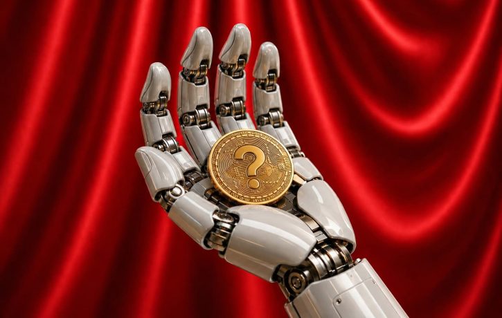 Eine futuristische Roboterhand hält eine goldene Münze mit einem großen Fragezeichen vor einem roten Hintergrund aus glänzendem Stoff. Das Bild symbolisiert Unsicherheit und Spekulation rund um den KI-Hype.
