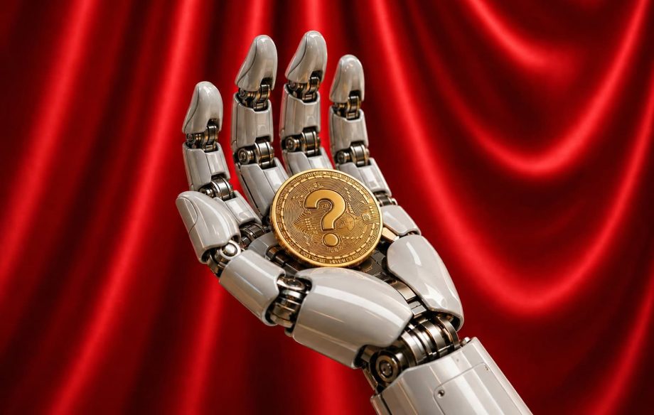 Eine futuristische Roboterhand hält eine goldene Münze mit einem großen Fragezeichen vor einem roten Hintergrund aus glänzendem Stoff. Das Bild symbolisiert Unsicherheit und Spekulation rund um den KI-Hype.