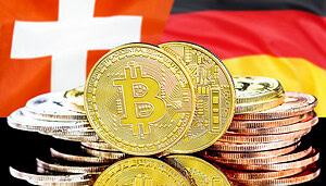 Das Bild zeigt die Flaggen von Deutschland und der Schweiz und im Vordergrund eine Bitcoin-Münze.