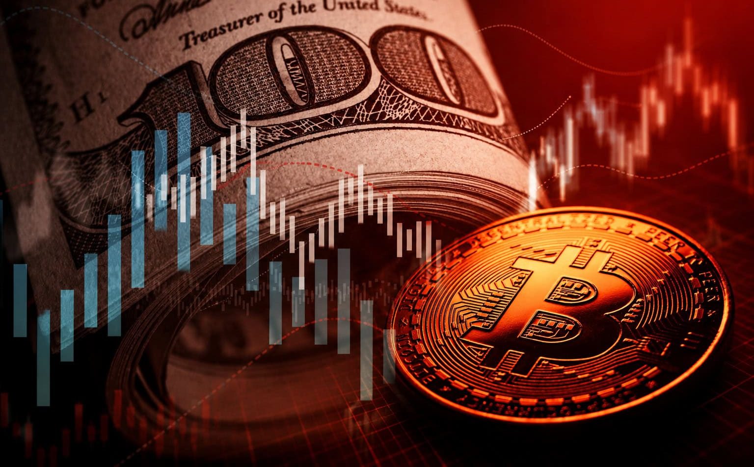 Nahaufnahme eines zusammengerollten 100-Dollar-Scheins mit eingeblendeten Kursdiagrammen und einer leuchtenden Bitcoin-Münze vor rotem Hintergrund. Die Kombination aus Fiatgeld, Krypto und Trading-Charts symbolisiert die Verbindung zwischen traditionellem Finanzmarkt und digitaler Währung.
