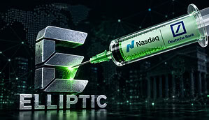 Eine Spritze, auf der die Logos der Nasdaq und der Deutschen Bank zu sehen sind, wird in das Logo von Elliptic injiziert.