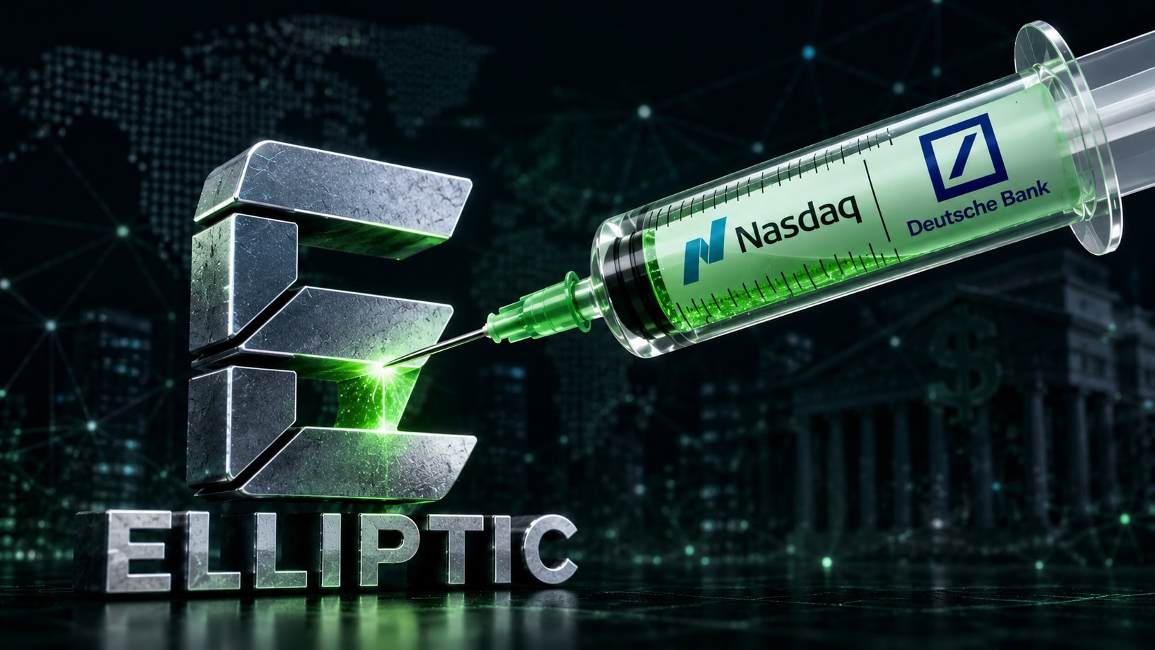 Eine Spritze, auf der die Logos der Nasdaq und der Deutschen Bank zu sehen sind, wird in das Logo von Elliptic injiziert.