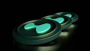 Mehrere Coins von Hyperliquid hintereinander aufgereiht.