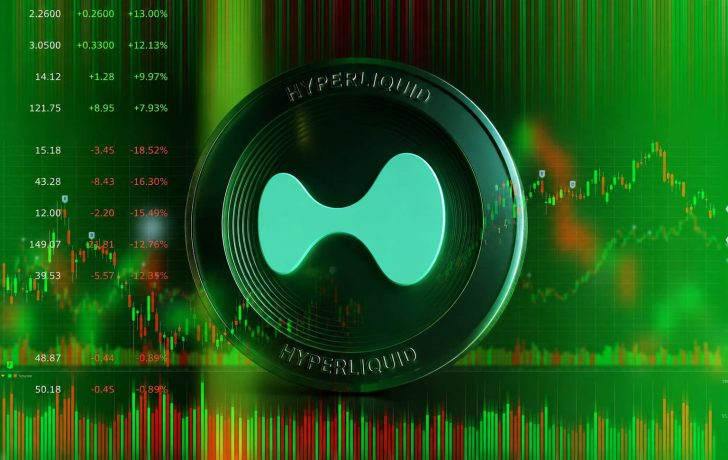 Hyperliquid auf Allzeithoch. Eine digitale Trading-Szene mit grün leuchtendem Kurschart im Hintergrund. Im Zentrum befindet sich eine große, futuristische Hyperliquid-Münze mit türkisfarbenem Logo und metallischem Rand. Umgeben von Candlestick-Charts, Kurszahlen und Volumenbalken vermittelt das Bild die Atmosphäre eines dynamischen Kryptomarkts.
