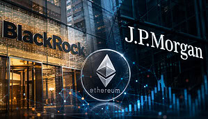 Das Logo von BlackRock und JPMorgan nebst einer Ethereum-Münze.