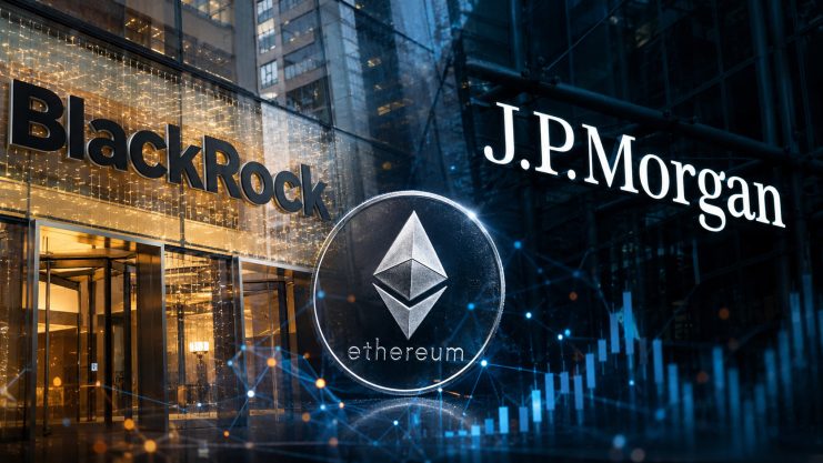 Das Logo von BlackRock und JPMorgan nebst einer Ethereum-Münze.