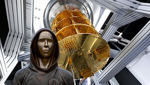 Eine futuristische Szene in einem Hightech-Labor: Im Vordergrund steht eine dunkle, kapuzenartige Bronze-Statue mit maskenhaftem Gesicht und einem Bitcoin-Symbol auf der Brust. Hinter der Figur ragt ein goldfarbener Quantencomputer mit komplexen metallischen Strukturen und Kabeln nach oben. Die Umgebung wirkt steril und modern, mit silbernen Rahmen, weißen Lichtflächen und einer sci-fi-artigen Atmosphäre.