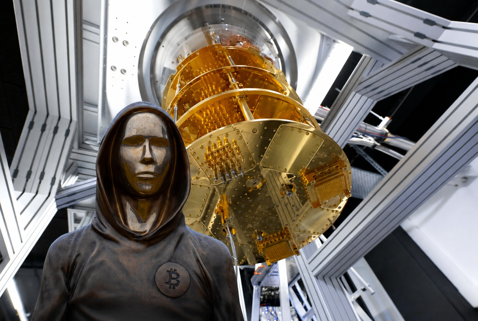 Eine futuristische Szene in einem Hightech-Labor: Im Vordergrund steht eine dunkle, kapuzenartige Bronze-Statue mit maskenhaftem Gesicht und einem Bitcoin-Symbol auf der Brust. Hinter der Figur ragt ein goldfarbener Quantencomputer mit komplexen metallischen Strukturen und Kabeln nach oben. Die Umgebung wirkt steril und modern, mit silbernen Rahmen, weißen Lichtflächen und einer sci-fi-artigen Atmosphäre.