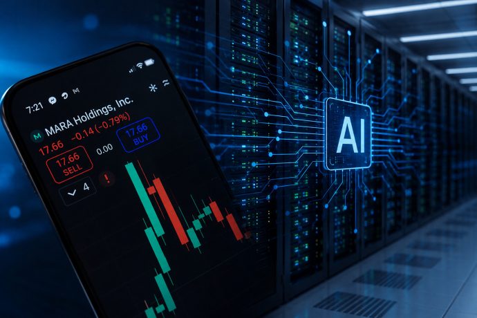 Smartphone mit MARA-Aktienkurs vor einem KI-Rechenzentrum und Server-Infrastruktur.