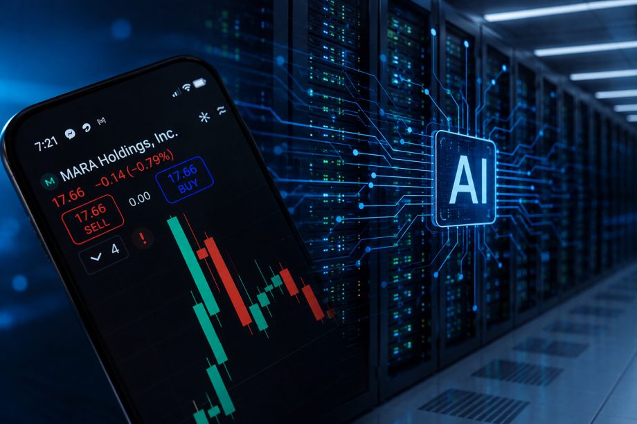 Smartphone mit MARA-Aktienkurs vor einem KI-Rechenzentrum und Server-Infrastruktur.