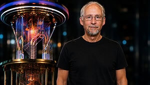 Das Bild zeigt Adam Back mit einem Quantencomputer