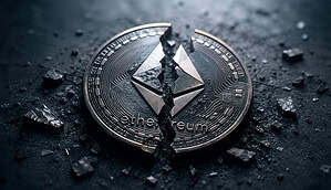 Eine zerbrochene Ethereum-Münze liegt am Boden