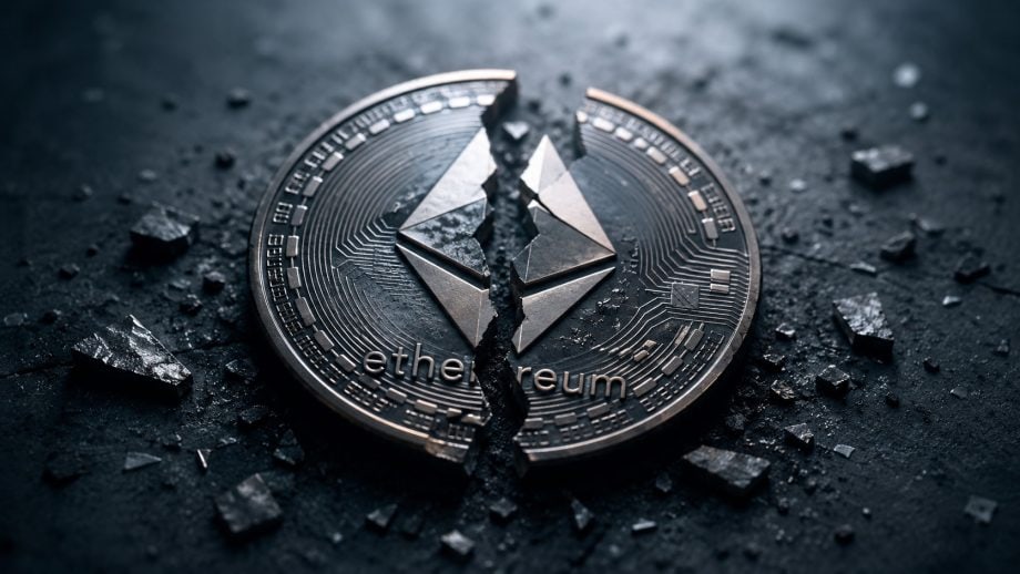 Eine zerbrochene Ethereum-Münze liegt am Boden