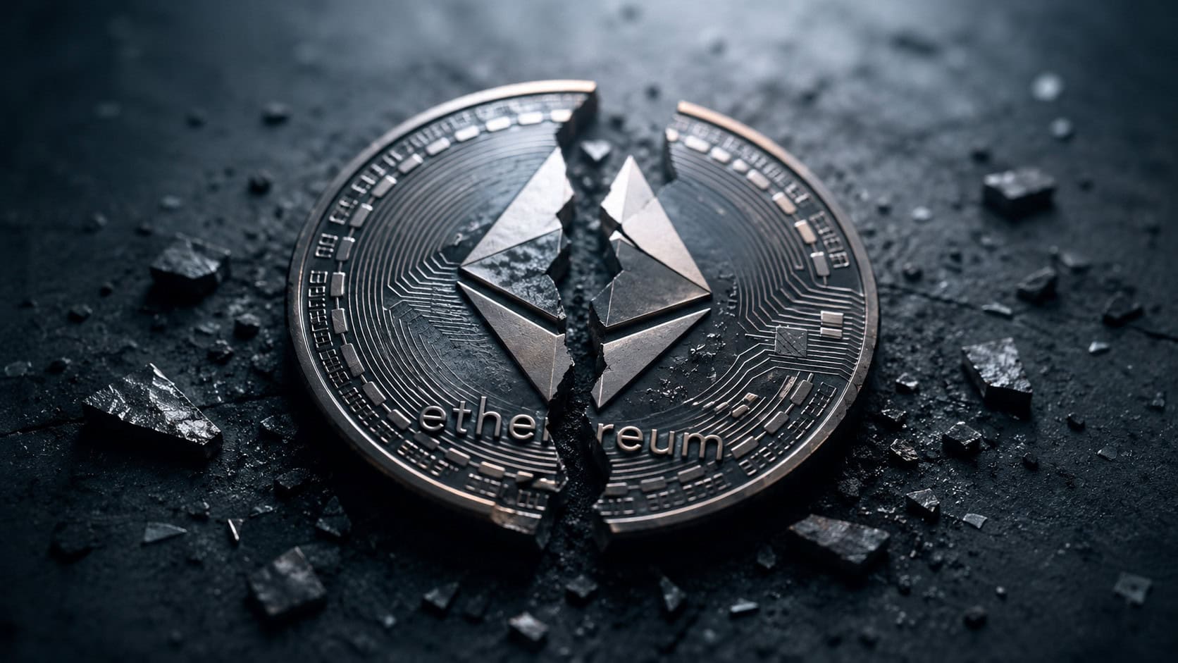 Eine zerbrochene Ethereum-Münze liegt am Boden