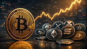 Das Bild zeigt eine Bitcoin-Münze und Altcoin-Münzen