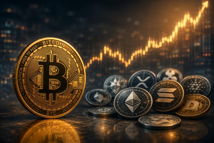 Das Bild zeigt eine Bitcoin-Münze und Altcoin-Münzen