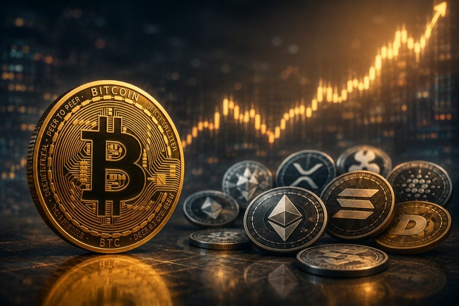 Das Bild zeigt eine Bitcoin-Münze und Altcoin-Münzen
