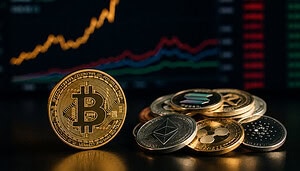 Das Bild zeigt eine Bitcoin-Münze und Altcoin-Münzen
