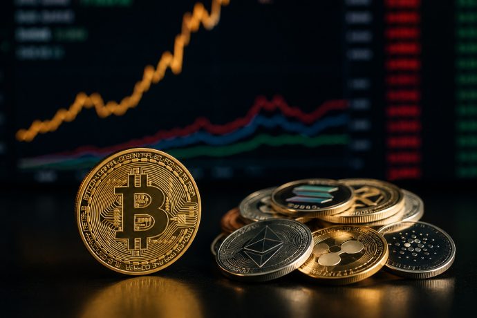 Das Bild zeigt eine Bitcoin-Münze und Altcoin-Münzen