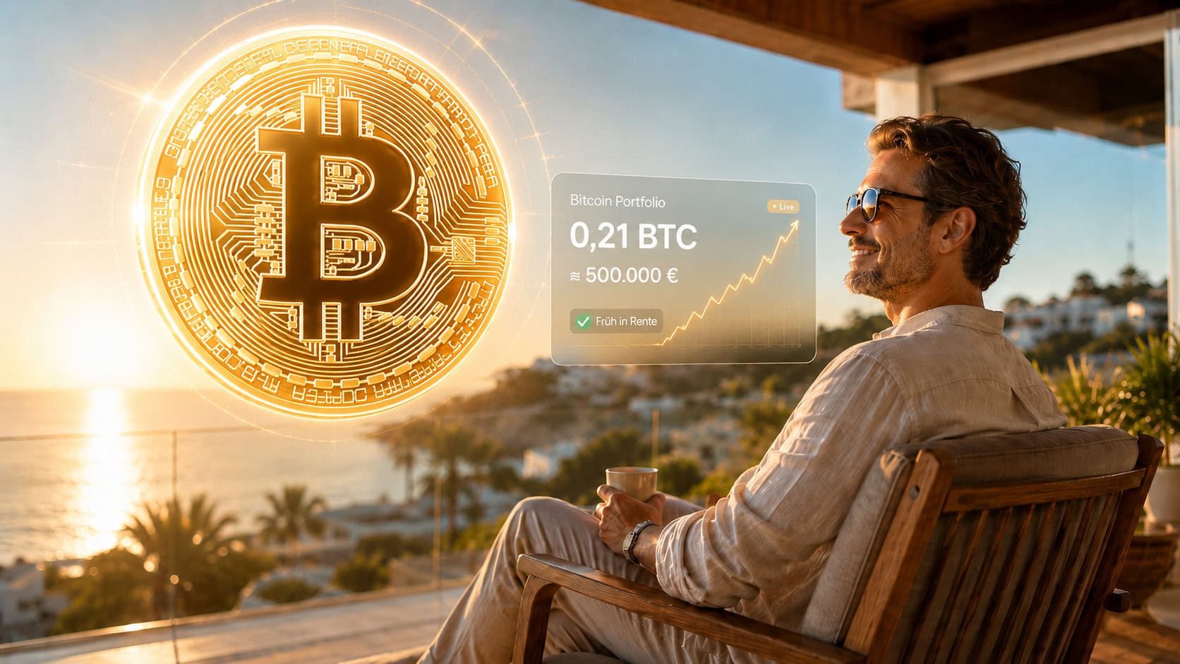 Ein Mann genießt den Sonnenuntergang dank Bitcoin in seinem Strandhaus