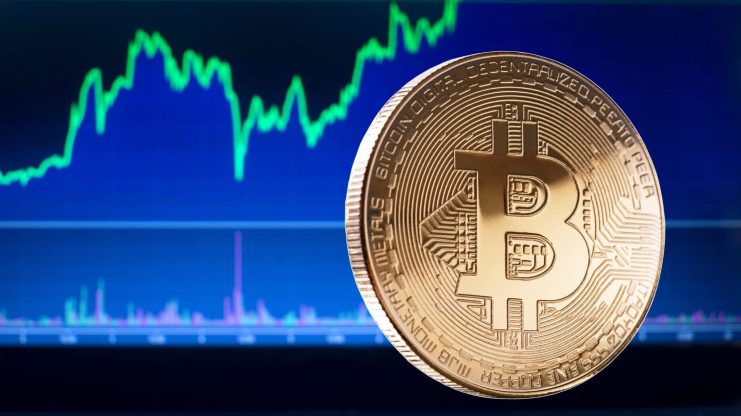 Bitcoin-Münze auf blauem Hintergrund