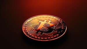 Eine rot angeleuchtete Bitcoin-Münze
