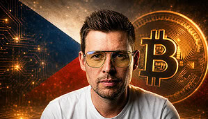 Matyáš Kuchař, BTCPrague-Organisator, dahinter eine Bitcoin-Münze und eine Tschechien-Fahne