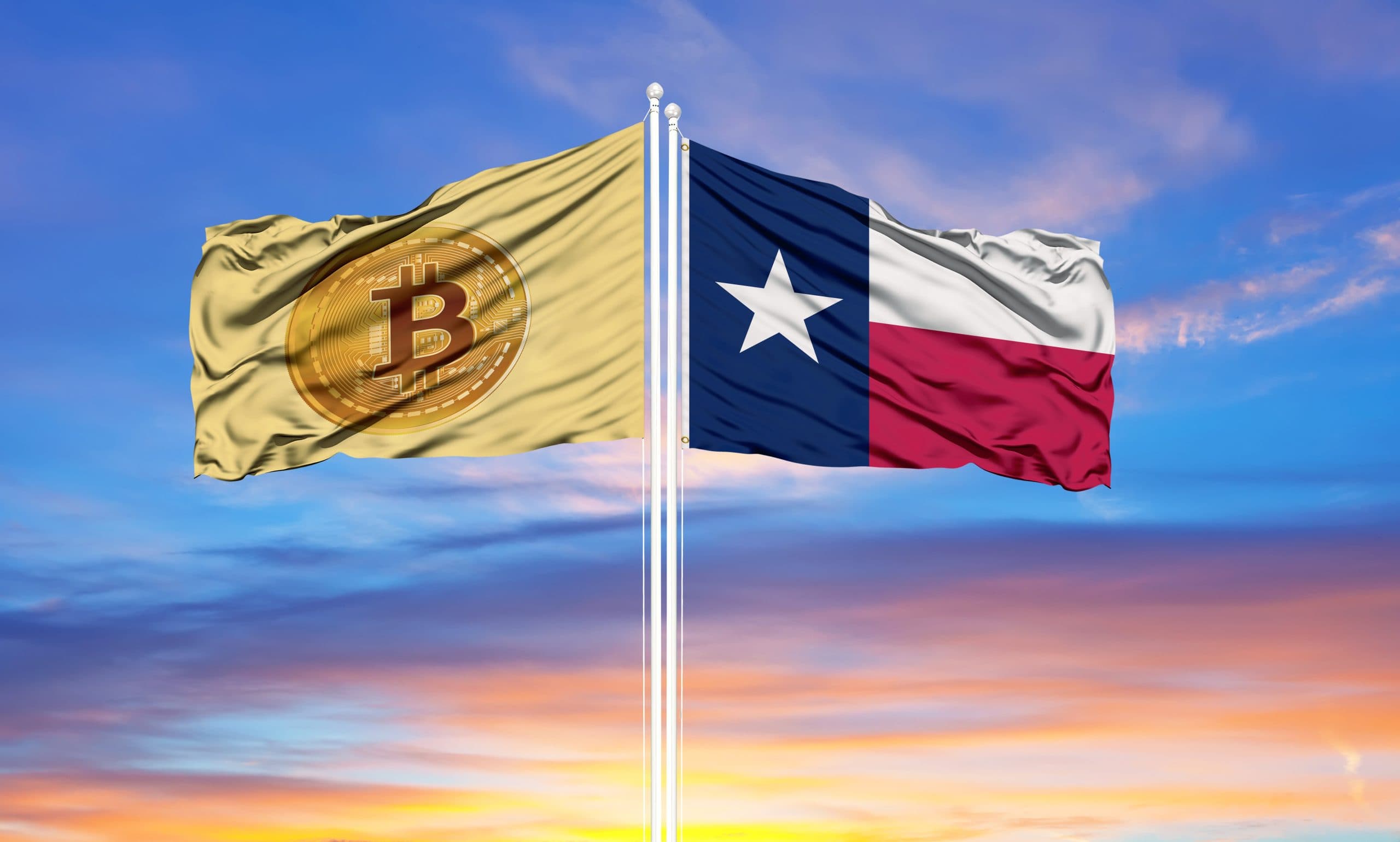 Das Bild zeigt eine Bitcoin-Münze vor der Flagge des US-Bundesstaates Texas