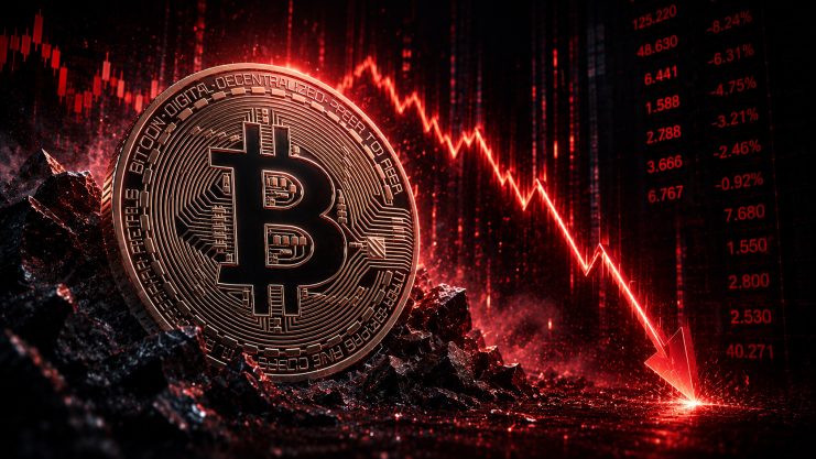 Bitcoin-Münze vor fallendem Chart