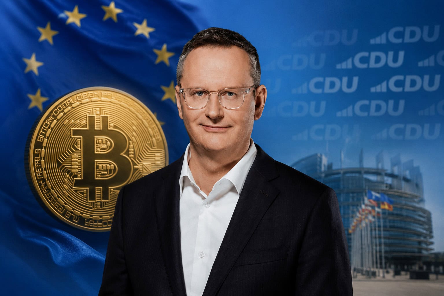 Das Bild zeigt den CDU-Politiker Stefan Berger vor einer Bitcoin-Münze im Hintergrund