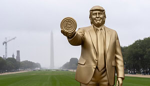 Eine Statue von Präsident Donald Trump, der einen Bitcoin in der Hand hält