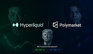 Hyperliquid-Logo mit -Gründer und Polymarket-Logo mit Gründer, darunter Donald Trump und ein Polymarket-Contract