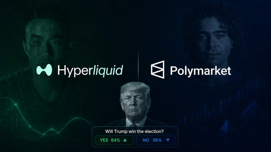 Hyperliquid-Logo mit -Gründer und Polymarket-Logo mit Gründer, darunter Donald Trump und ein Polymarket-Contract