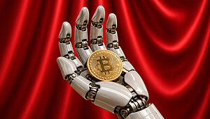 Bild zeigt Roboterhand, die eine Bitcoin-Münze hält
