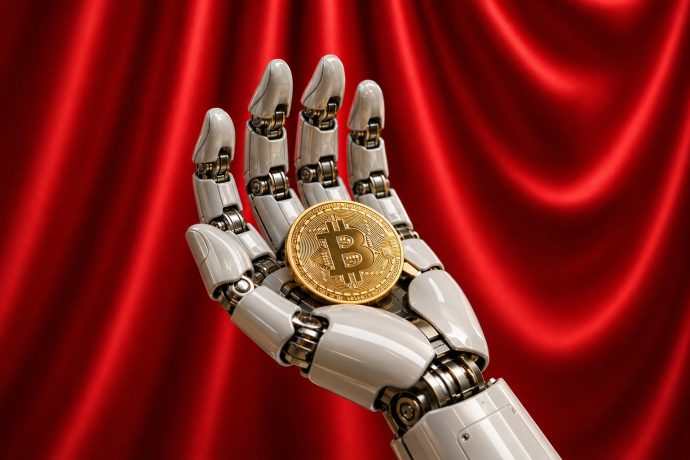 Bild zeigt Roboterhand, die eine Bitcoin-Münze hält