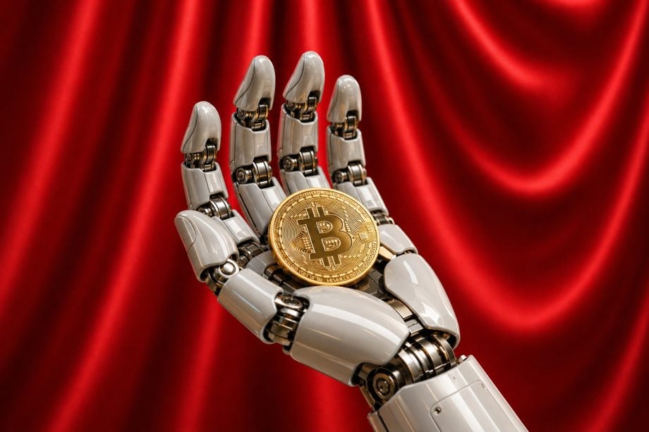 Bild zeigt Roboterhand, die eine Bitcoin-Münze hält