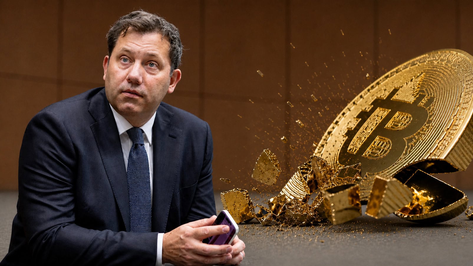 SPD-Finanzminister Lars Klingbeil und eine zerschmetterte Bitcoin-Münze