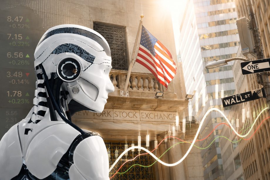 Das Bild zeigt einen Roboter, der auf die Wall Street blickt.