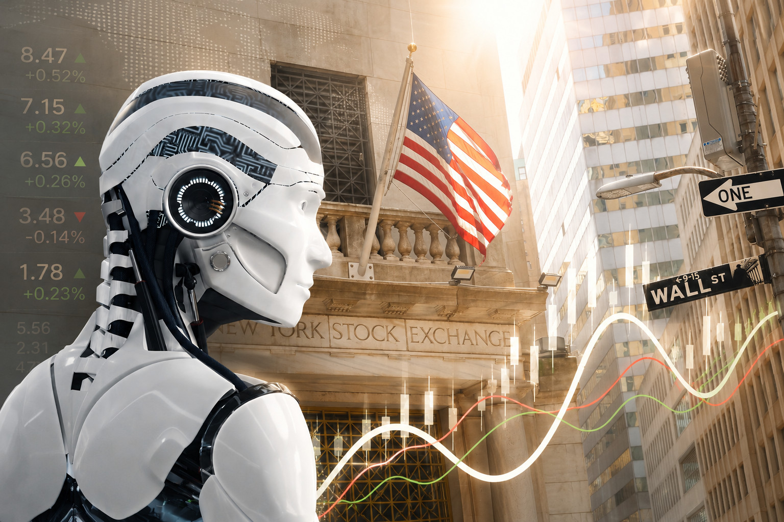 Das Bild zeigt einen Roboter, der auf die Wall Street blickt.
